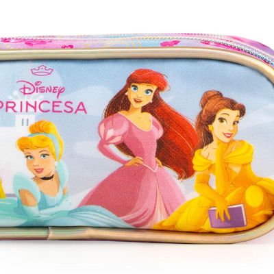 Estojo Escolar Feminino Médio Princesas 3 Compartimentos Rosa U / Rosa
