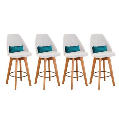 Kit 04 Banquetas Alta Maya Giratória Com Encosto Linho Bege Claro e Almofada Suede Azul Turquesa - Aurora Line