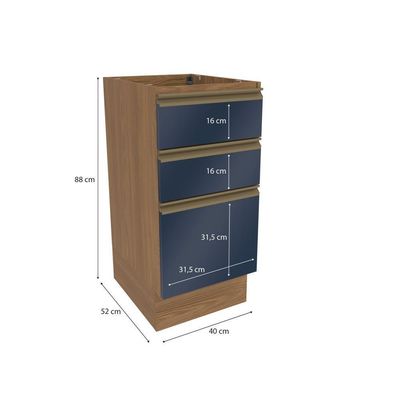 Balcão 3 Gavetas Kappesberg Celeste 100% Mdf Nogueira-azul Profundo 40cm