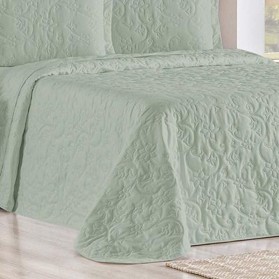 Kit Cobre Leito Colcha Celeste Queen 3 Peças Matelado Floral 180 Fios - Verde Malva