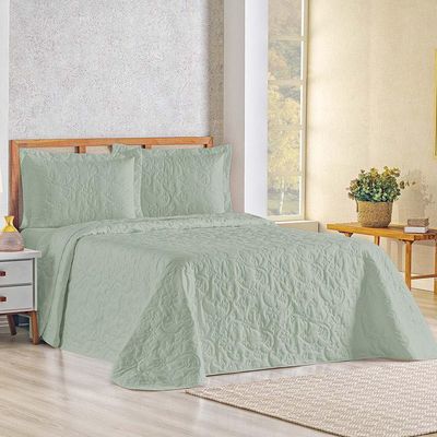 Kit Cobre Leito Colcha Celeste Queen 3 Peças Matelado Floral 180 Fios - Verde Malva