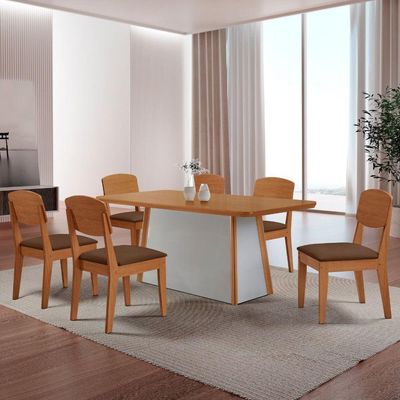 Mesa De Jantar Diane 180cm Tampo Mdf Canto Copo E 6 Cadeiras Veludo Marrom/naturale/off White