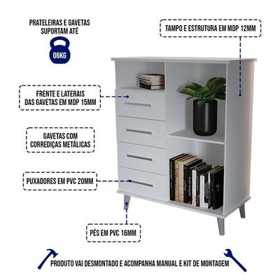Balcão Aparador Multiuso ômega Com 4 Gavetas Branco