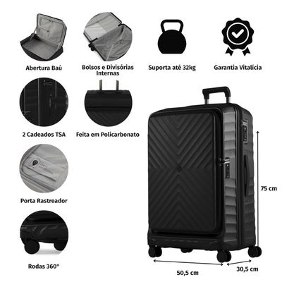 Mala de Viagem Grande 32 Kg Pollicarbonato 4 Rodas Barcelona II Preta G / Preto