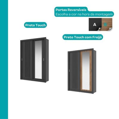 Guarda Roupa Solteiro 2 Portas Darvi Com Espelho Direito Carraro Preto Touch