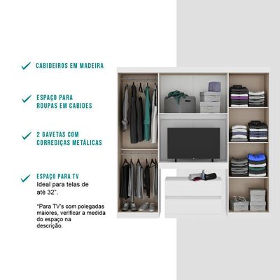 Guarda Roupa Solteiro 6 Portas Branco C/ Painel De Tv