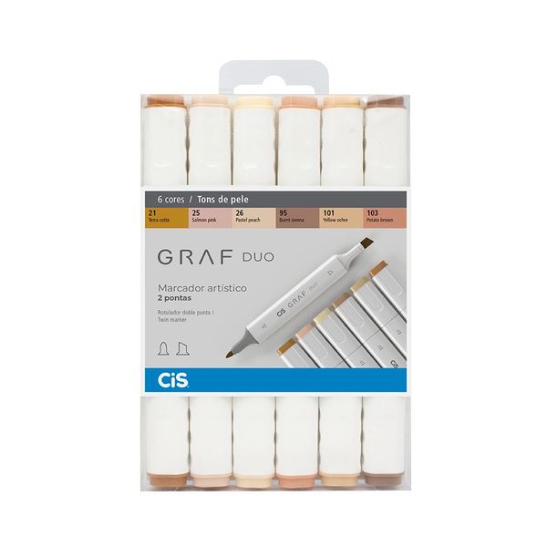 Marcador Artístico Cis Grafite Duo Pontas Redonda Fine e Chanfrada Larga com 6 Cores Tons de Pele