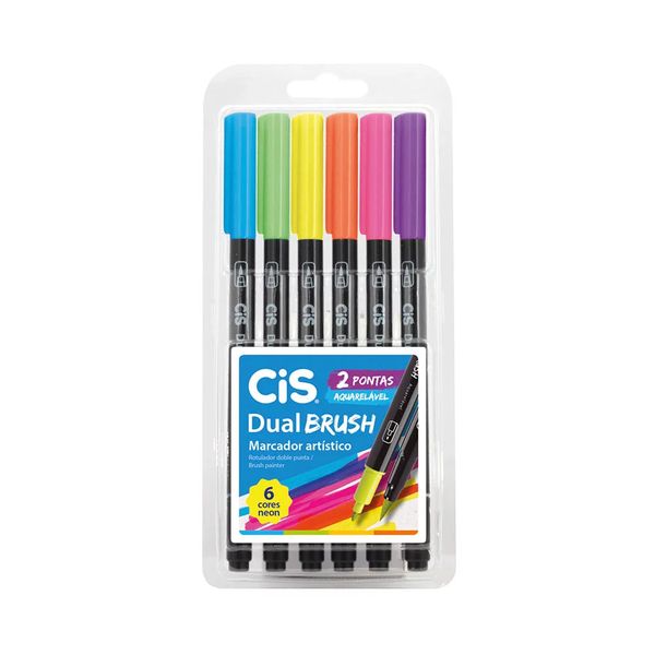 Marcador Artístico Cis Dual Brush Pontas Duplas Fine e Pincel com 6 Cores Neon