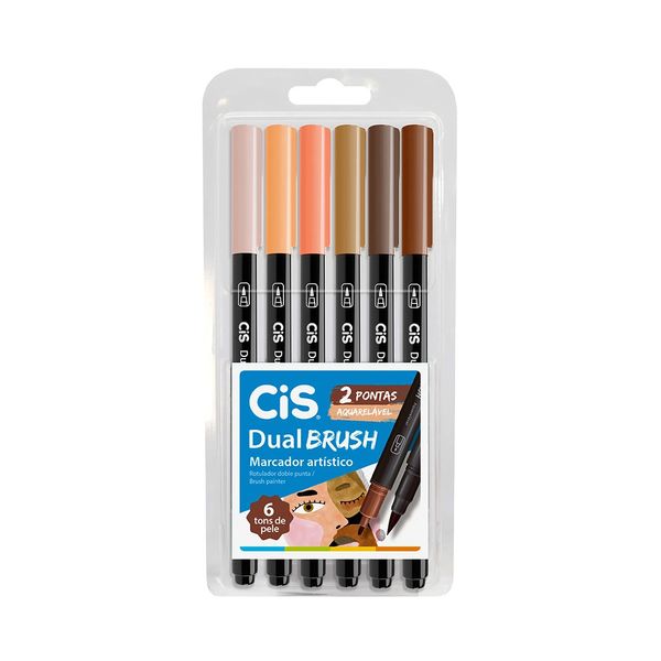 Marcador Artístico Cis Dual Brush Aquarelável com 6 Cores Tons de Pele