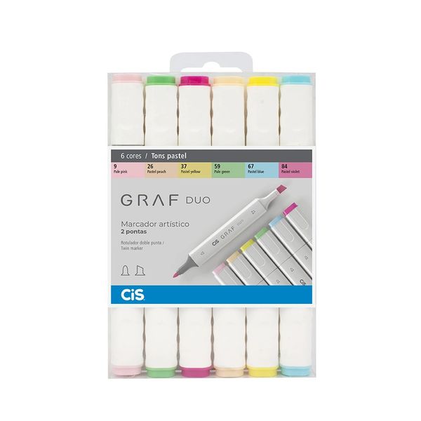 Marcador Artístico Cis Grafite Duo Pontas Redonda Fine e Chanfrada Larga com 6 Cores Tons Pastel