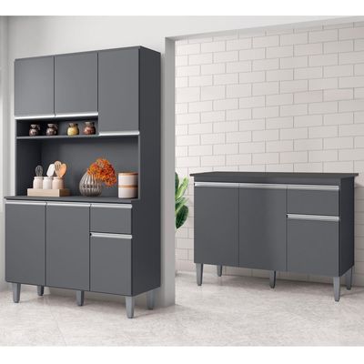 Cozinha Compacta Márcia E Balcão Gabinete Com Tampo Tatiane 120cm Cinza - Ajl Móveis