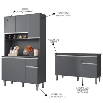 Cozinha Compacta Márcia E Balcão Gabinete Com Tampo Tatiane 120cm Cinza - Ajl Móveis