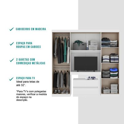 Guarda Roupa Infantil 6 Portas Branco C/ Escrivaninha