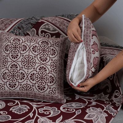 Kit Xale Para Sofá Com Franja Grécia 5 Peças 1,35m X 1,35m 60% Algodão 40% Poliéster Tecido Jacquard - Vinho