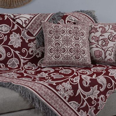 Kit Xale Para Sofá Com Franja Grécia 5 Peças 1,35m X 1,35m 60% Algodão 40% Poliéster Tecido Jacquard - Vinho