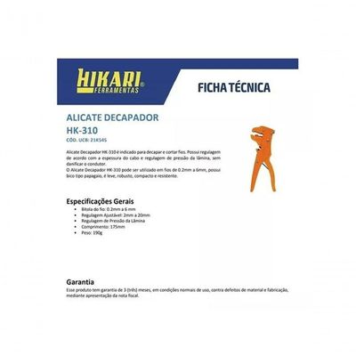 Alicate Hikari Decapador E Cortador De Fios Hk-310 21k545