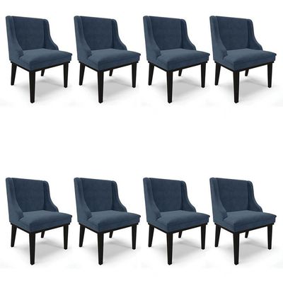 Kit 8 Cadeiras Estofadas Para Sala De Jantar Base Fixa De Madeira Preto Lia Suede Azul Marinho - Ibiza