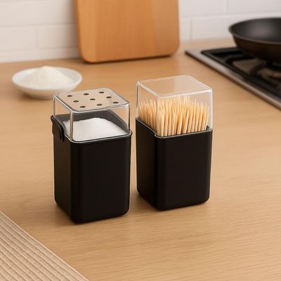 Kit Saleiro Pimenteiro Paliteiro Mesa Preto Coza Porta Condimentos Dispenser Palitos