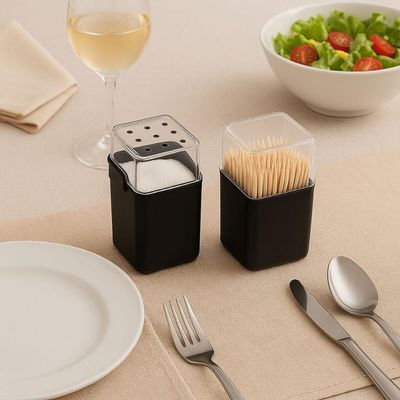 Kit Saleiro Pimenteiro Paliteiro Mesa Preto Coza Porta Condimentos Dispenser Palitos
