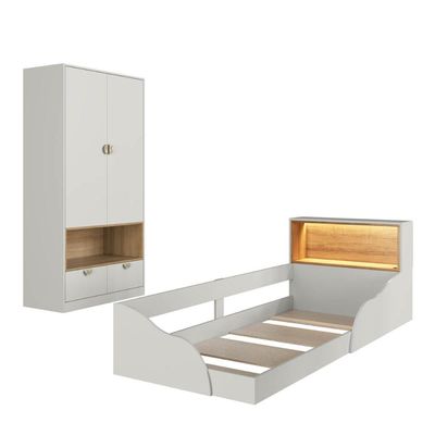 Quarto Infantil com Cama de Solteiro Montessoriana com Led e Guarda Roupas Lille CJ079