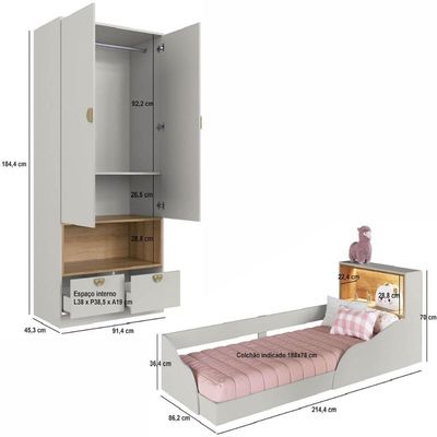 Quarto Infantil com Cama de Solteiro Montessoriana com Led e Guarda Roupas Lille CJ079