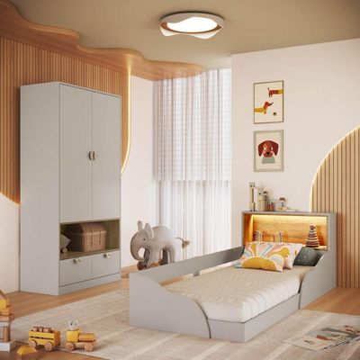 Quarto Infantil com Cama de Solteiro Montessoriana com Led e Guarda Roupas Lille CJ079