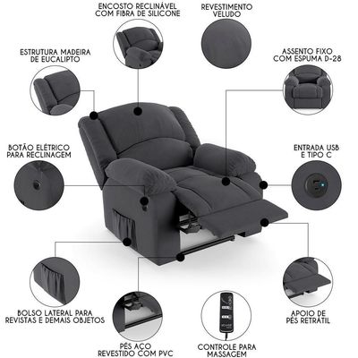 Poltrona Do Papai Reclinável Pietra Power Elétrica Massagem Fh9 Veludo Cinza - Mpozenato