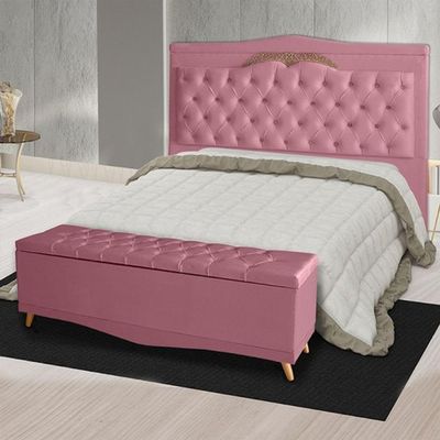 Kit Cabeceira De Cama Box E Calçadeira Baú Madri King 195 Cm Suede Rosa Bebê Do Lar Móveis E Decoração