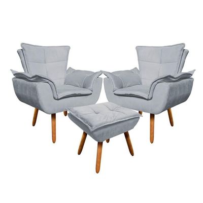 Kit 2 Poltronas Decorativas Pés Palito Com Puff Opla Suede Cinza - Ibiza