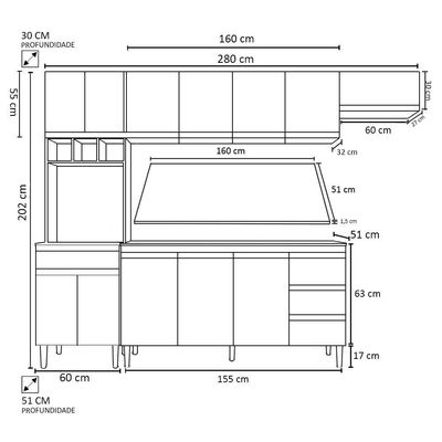 Cozinha Modulada 4 Peças Balcão Com Tampo 160cm Andréia Cinza - Ajl Móveis