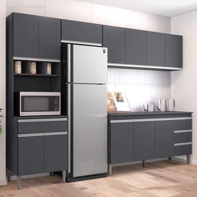 Cozinha Modulada 4 Peças Balcão Com Tampo 160cm Andréia Cinza - Ajl Móveis