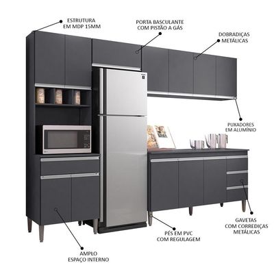 Cozinha Modulada 4 Peças Balcão Com Tampo 160cm Andréia Cinza - Ajl Móveis