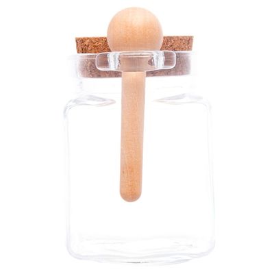 Porta Tempero Quadrado de Vidro Lyor com Colher de Bambu e Tampa Rolha Transparente