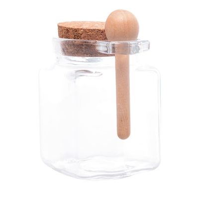 Porta Tempero Quadrado de Vidro Lyor com Colher de Bambu e Tampa Rolha Transparente
