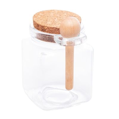 Porta Tempero Quadrado de Vidro Lyor com Colher de Bambu e Tampa Rolha Transparente