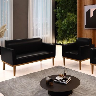 Sofá Namoradeira E 1 Poltrona Base Madeira Castanho Maressa Sintético Pu Preto - Ibiza