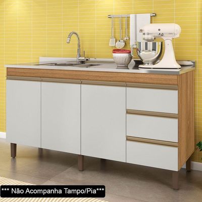 Balcão Gabinete Para Pia 160cm Sem Tampo 3 Portas Karen P14 Nature-off White - Mpozenato
