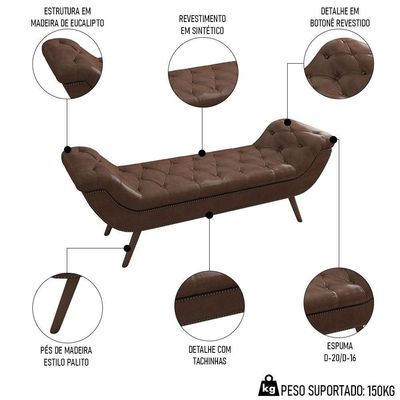 Puff Recamier Calçadeira 160cm Pés Palito Madeira Venêto P02 Sintético Marrom - Mpozenato