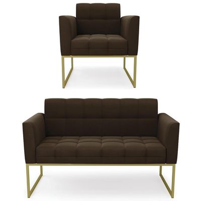 Sofá Namoradeira E 1 Poltrona Base Industrial Dourado Ana Suede Marrom - Ibiza