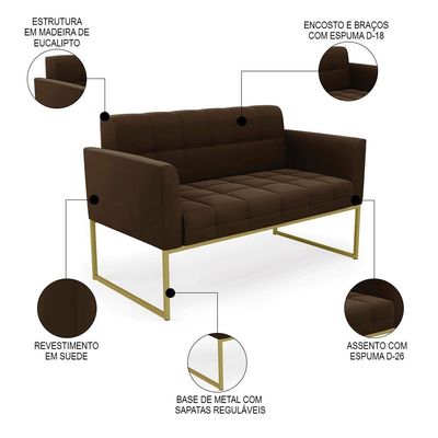 Sofá Namoradeira E 1 Poltrona Base Industrial Dourado Ana Suede Marrom - Ibiza
