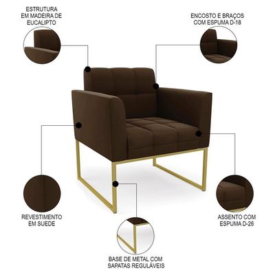 Sofá Namoradeira E 1 Poltrona Base Industrial Dourado Ana Suede Marrom - Ibiza