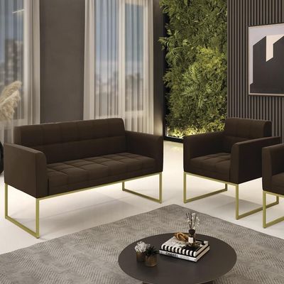 Sofá Namoradeira E 1 Poltrona Base Industrial Dourado Ana Suede Marrom - Ibiza