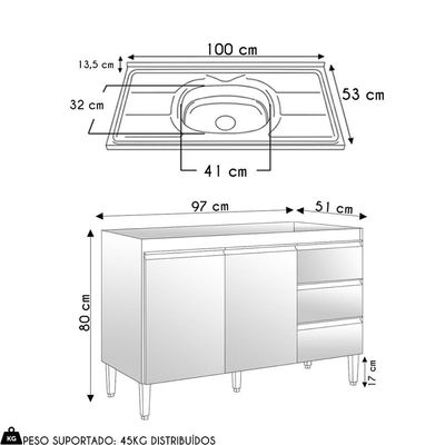Balcão De Cozinha Com Pia Inox 100cm 3 Gavetas Andréia Preto - Ajl Móveis