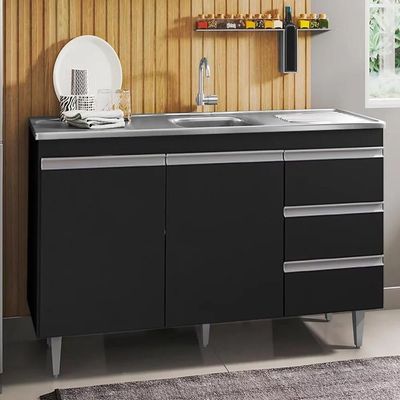 Balcão De Cozinha Com Pia Inox 100cm 3 Gavetas Andréia Preto - Ajl Móveis