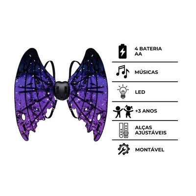 Asas Fantasia Vampiro Roxo Festas Música Led Brilhante