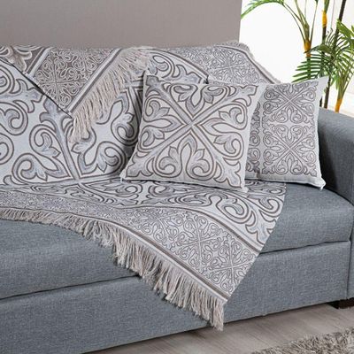 Kit Xale Para Sofá Com Franja Grécia 5 Peças 1,35m X 1,35m 60% Algodão 40% Poliéster Tecido Jacquard - Cáqui