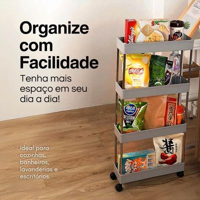Estante Móvel Compacta 4 Andares Em Plástico Cinza Com Rodas Giratórias