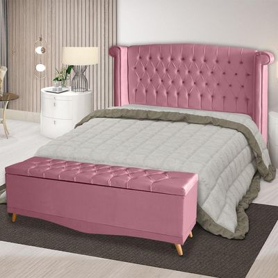 Kit De Quarto Cabeceira De Cama Box E Calçadeira Baú Toquio Casal 140 Cm Suede Rosa Bebê Do Lar Móveis E Decoração