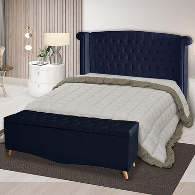 Kit De Quarto Cabeceira De Cama Box E Calçadeira Baú Toquio Casal 140 Cm Suede Azul Marinho Do Lar Móveis E Decoração