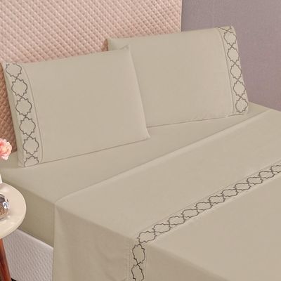 Jogo De Cama 300 Fios Bordado King Infinity 04 Peças - Cáqui